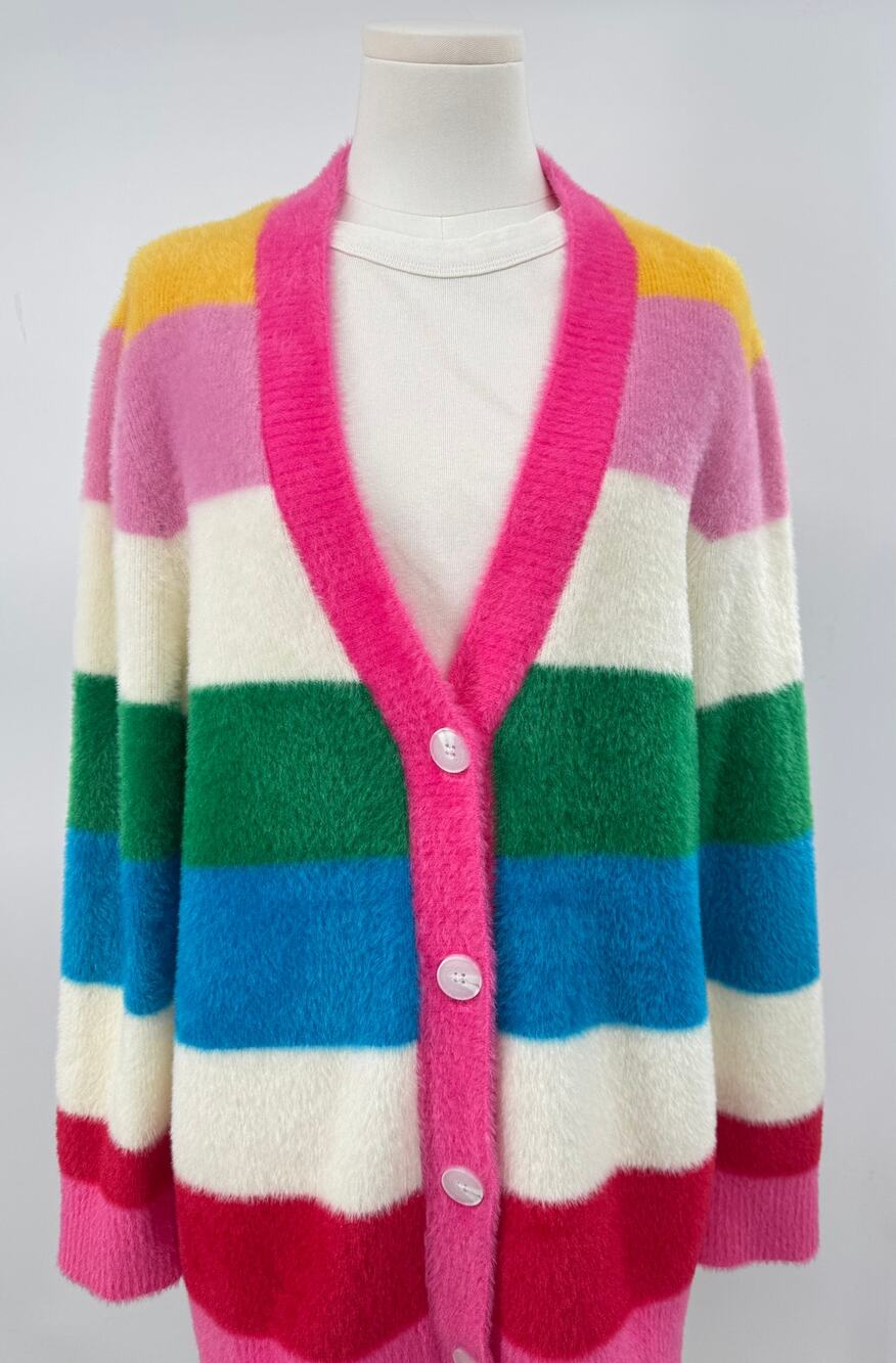 Apparis Multi Stripe Cardigan Bright Grandpa Sweater Rainbow Whimsical Knit S